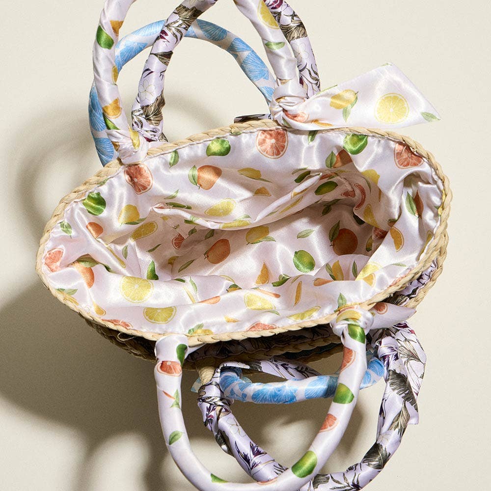 Shell Print Fabric Scarf Wrapped Handle Raffia Tote Bag