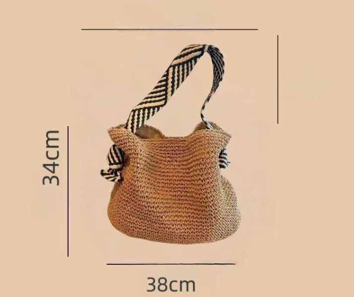 Black Straw Woven One-Shoulder Commuter Tote Bag