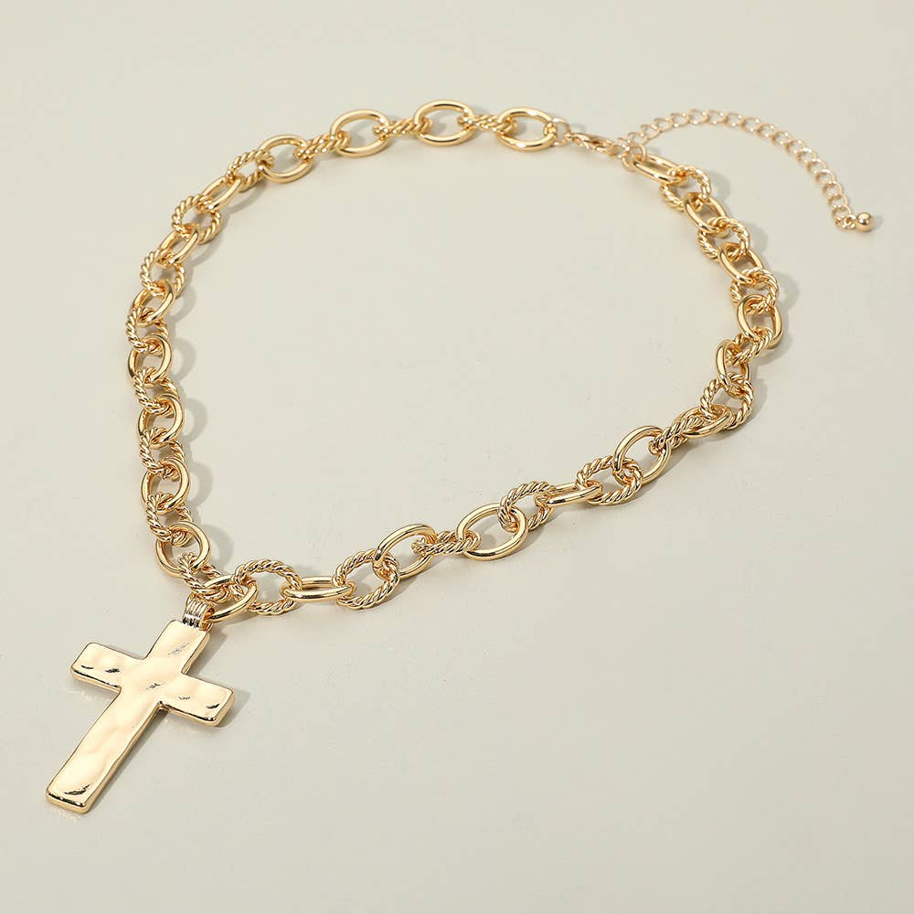 Hammered Metal Cross Chunky Textured Chain Necklace