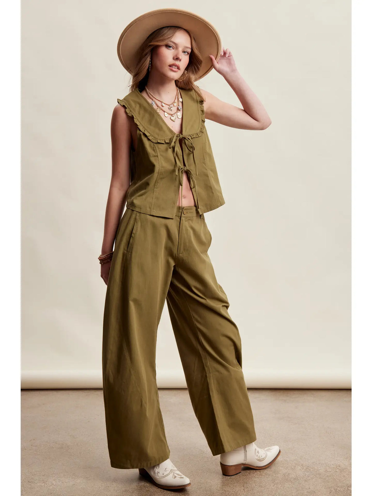 Ruffle Collar Tie-Front Twill Pants Set