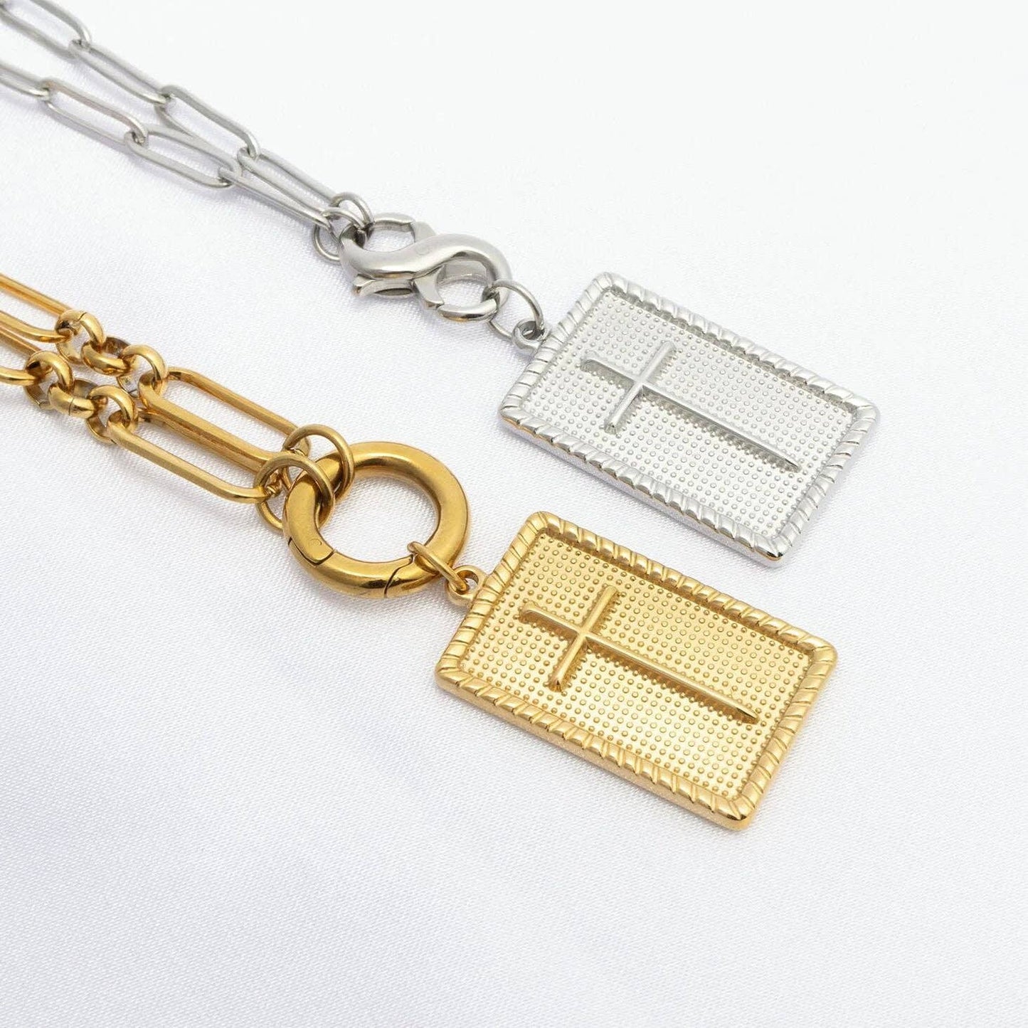18K Gold PVD Stainless Steel Square Pendant with Cross