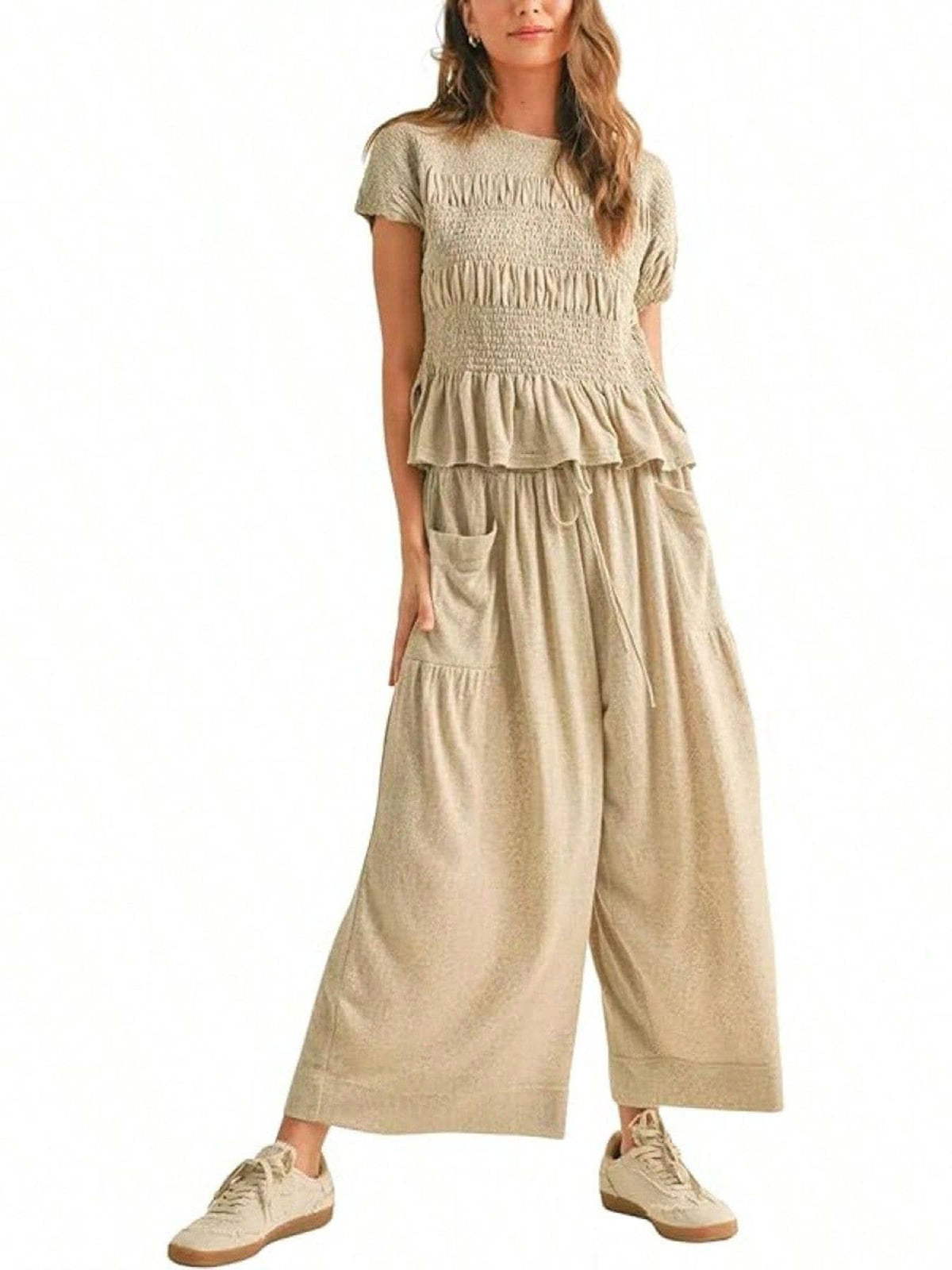 Ruffles Smocked Boho Top & Wide-Leg Pants Set