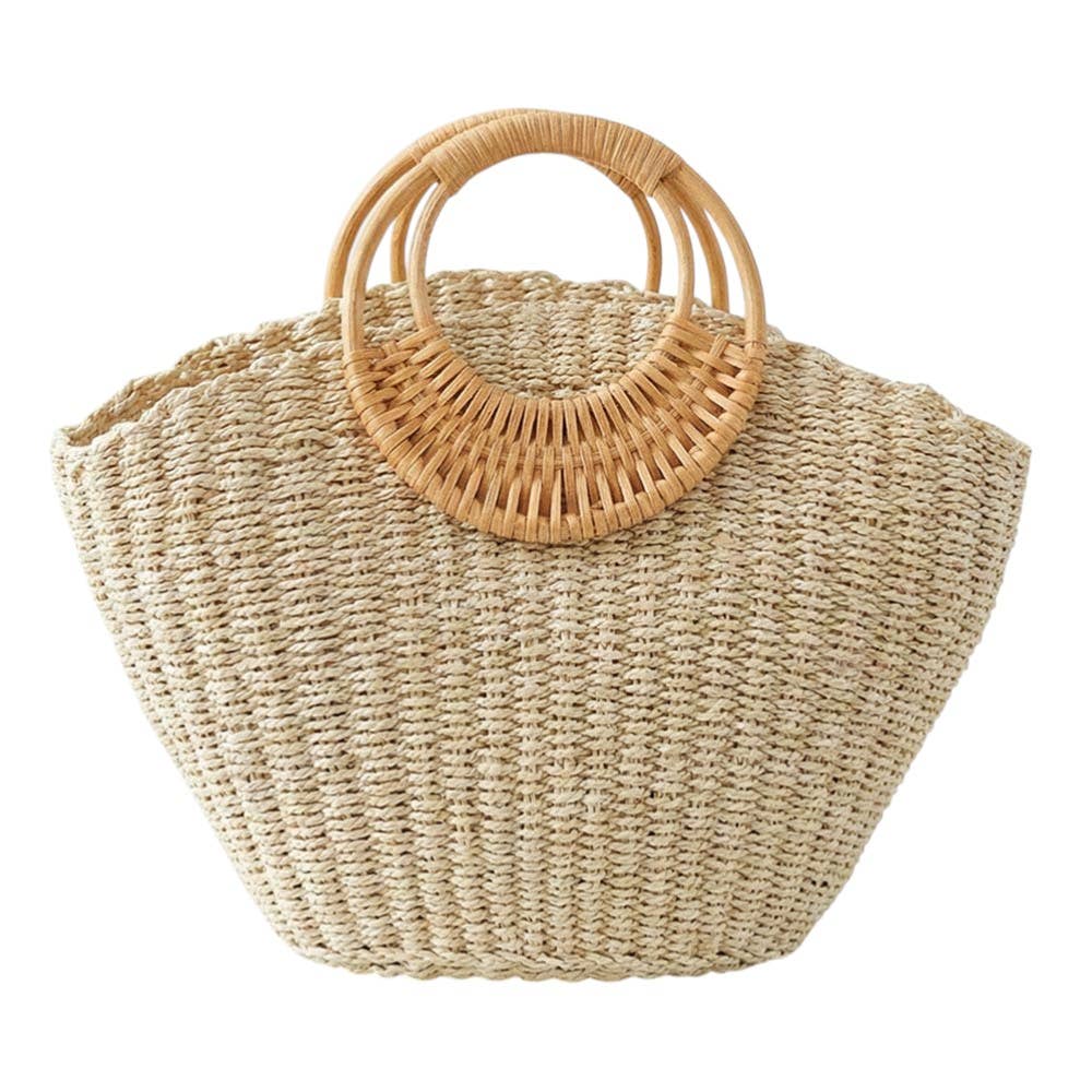 Round Handle Raffia Woven Tote Handbag