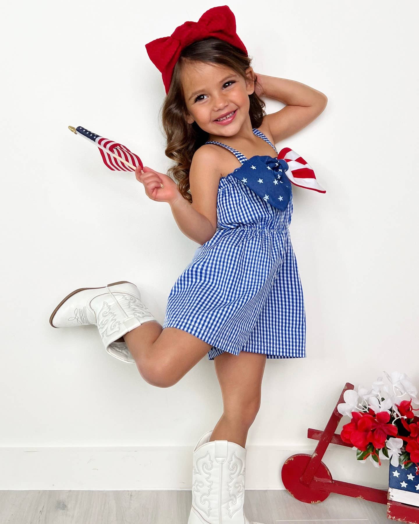 Girls July 4th Blue Plaid Flag Bow Jumpsuit