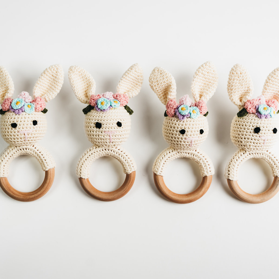 Cream Bunny Rattle with Floral Crown - Handmade Baby Gifts