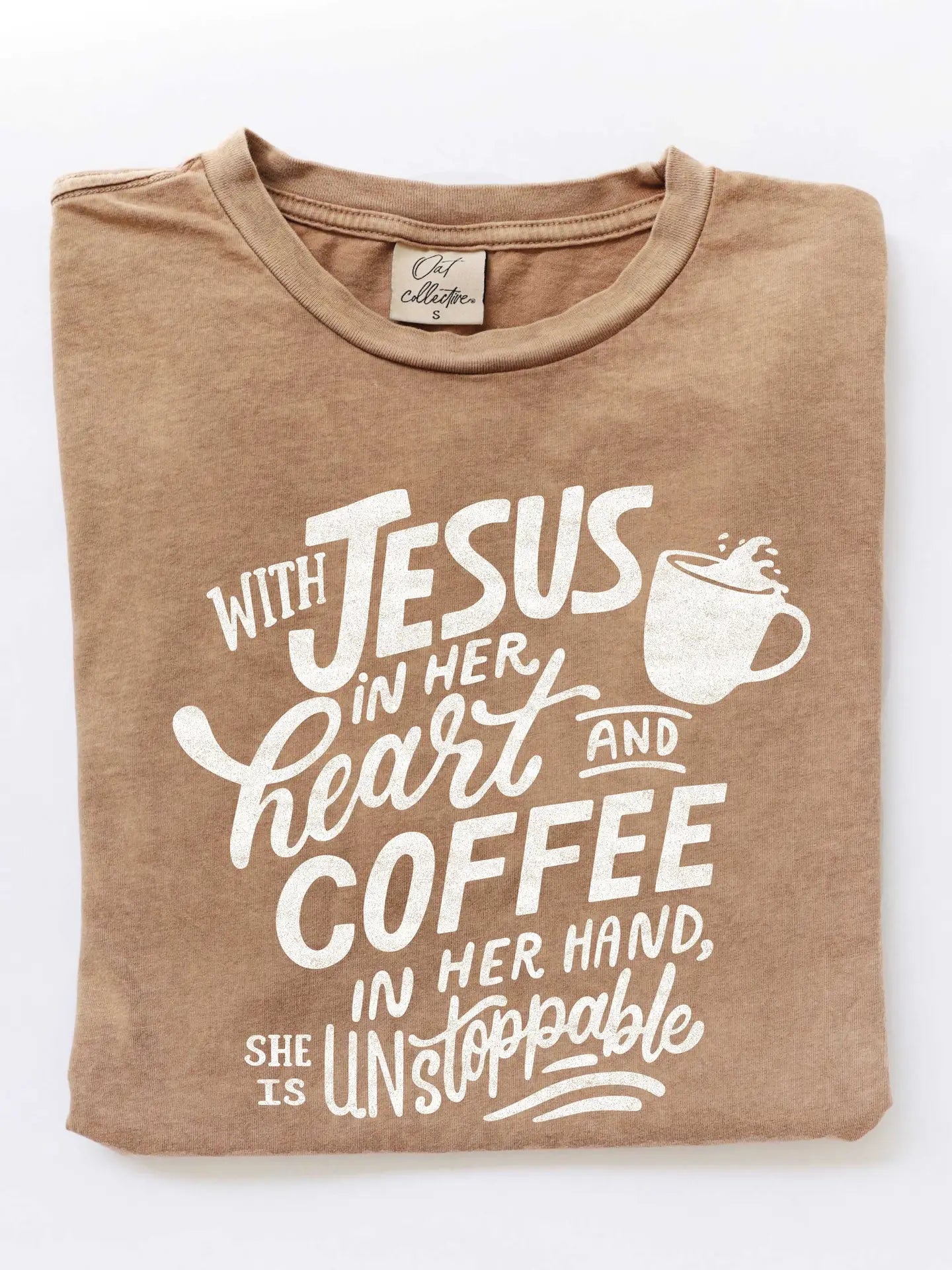 WITH JESUS IN HER HEART Mineral Washed Graphic Top