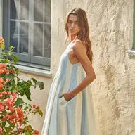 Cotton Gauze Striped Cami Pintuck Midi Dress | Cream Light Blue