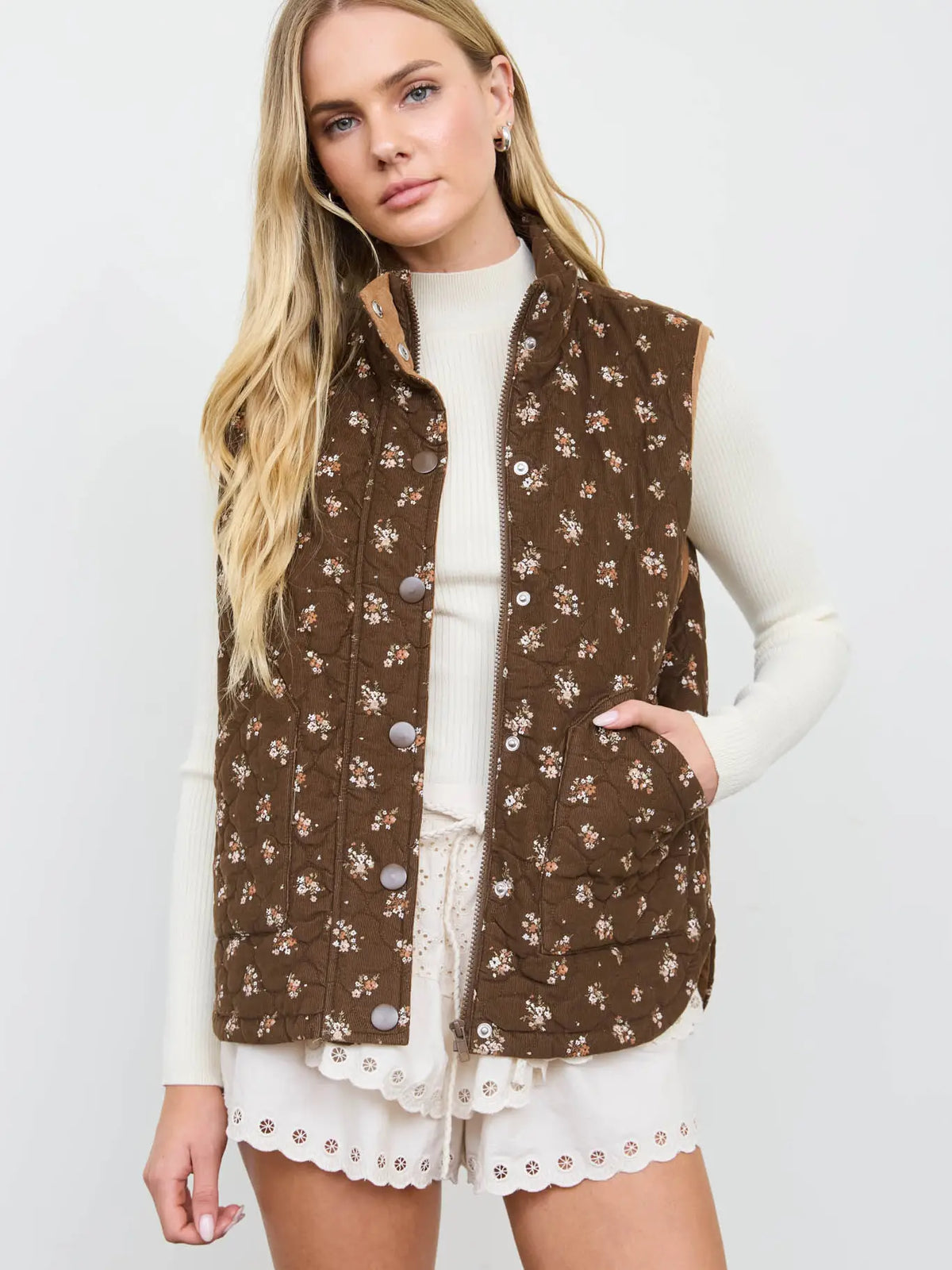 Floral Quilted Mock Neck Vest