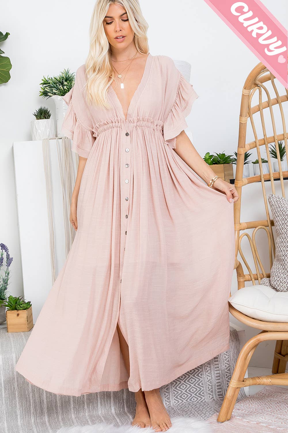 plus size flowy maxi dresses DEEP V NECKLINE BUTTONDOWN DRESS – Salt & Light Collective YGroup_MD2741 Crafted from lightweight Beyond Yoga Spacedye Outlines Color:Galactic Glacier (Aqua)