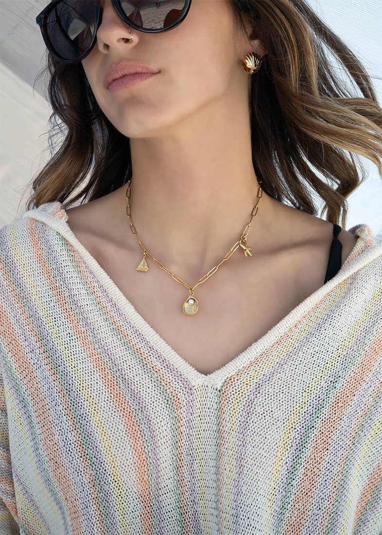 18K Gold PVD Stainless Steel Shell Charm with Pearl