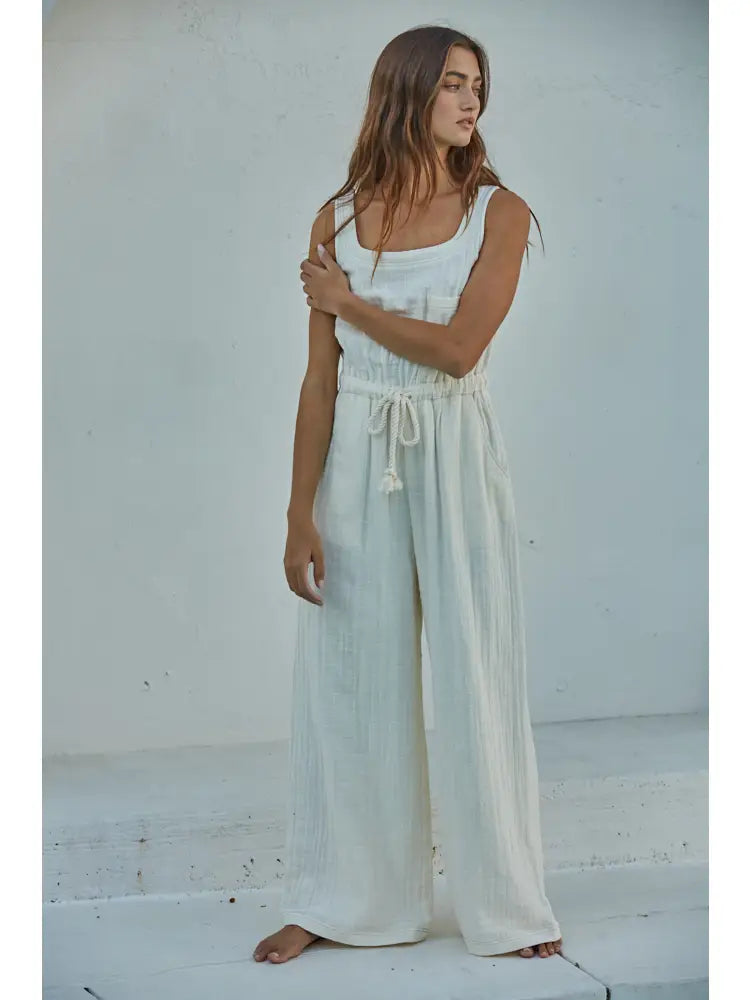 Cotton Scoop Neck Sleeveless Wide Leg Jumpsuit | Ivory