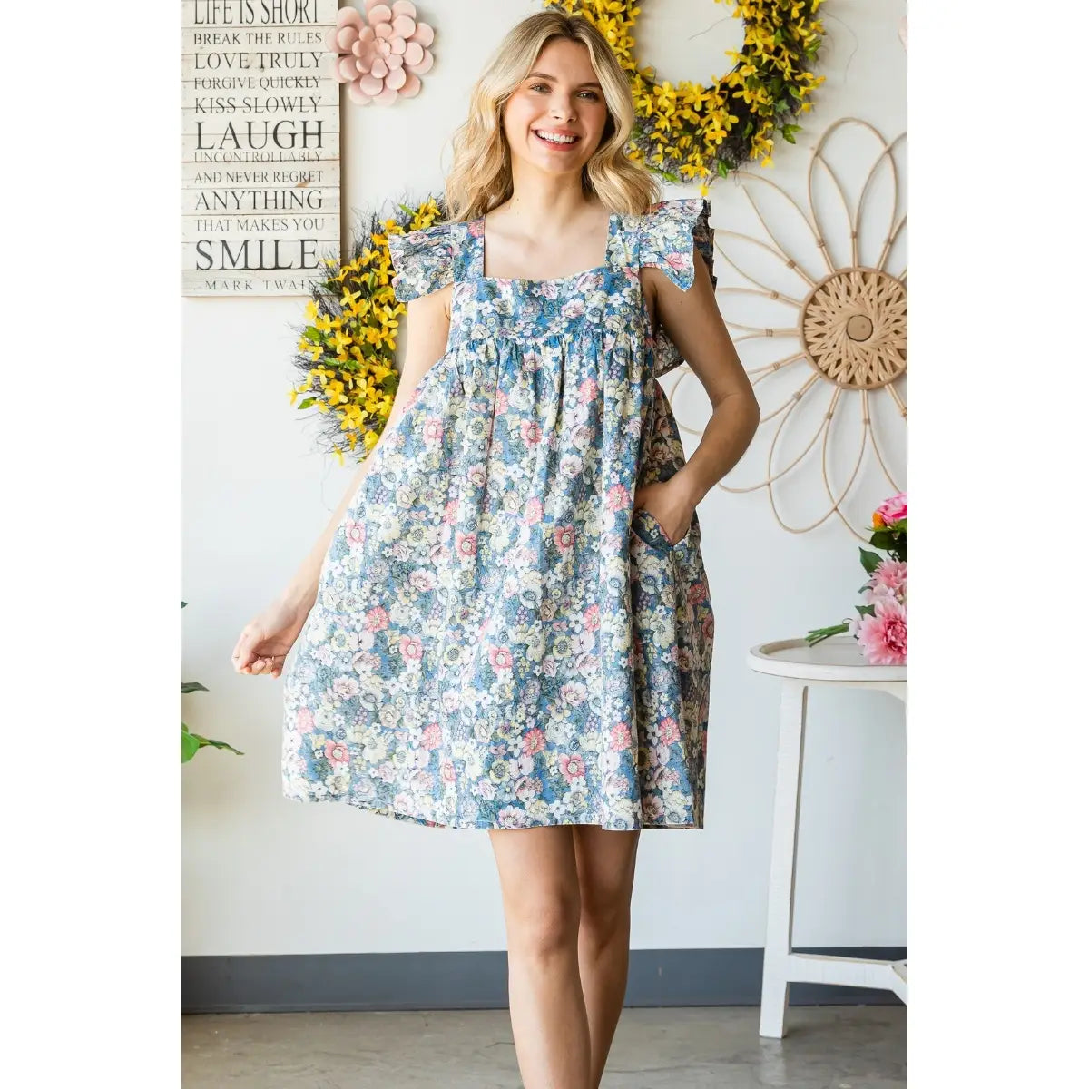 Garden Flower Print Ruffle Sleeve Mini Dress