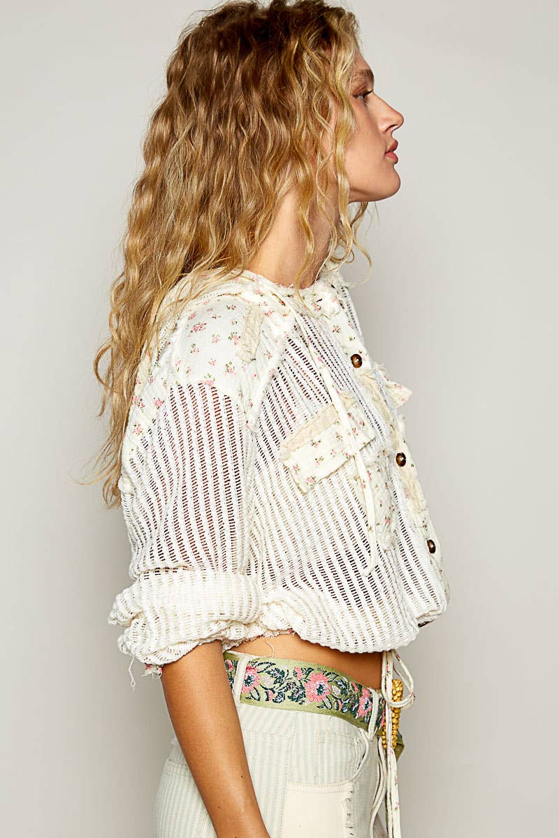 Vintage washed floral print patch crochet jacket