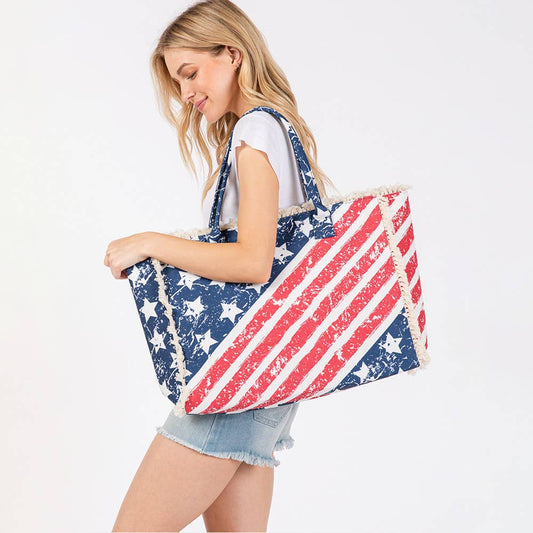 American Flag Printed Fringe Tote Bag / Beach Bag
