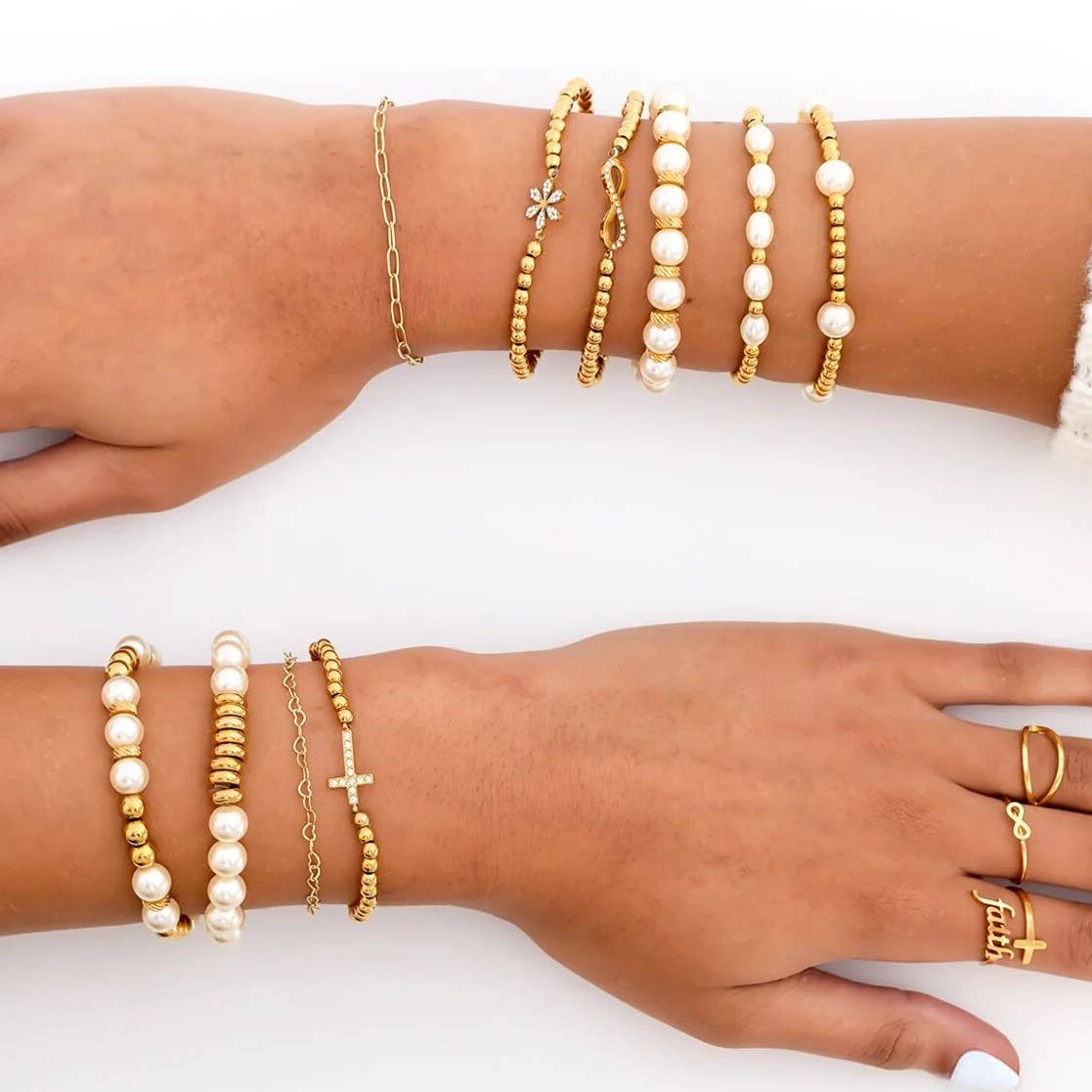 18K Gold PVD CZ Cross Beaded Stretch Bracelet: