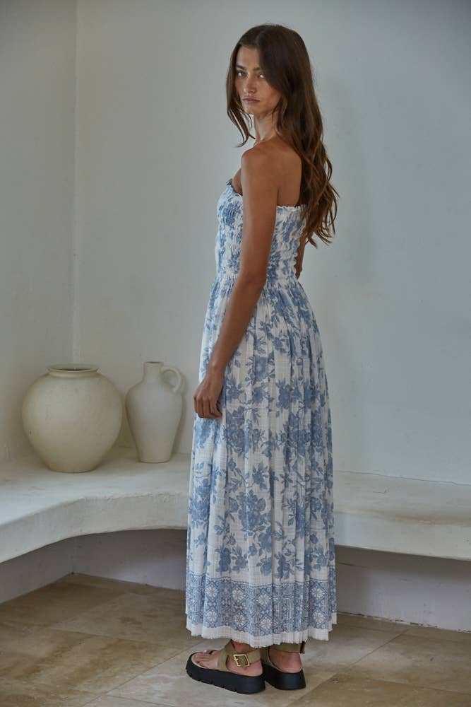 Woven Cotton Rayon Floral Smocked Strapless Midi Dress