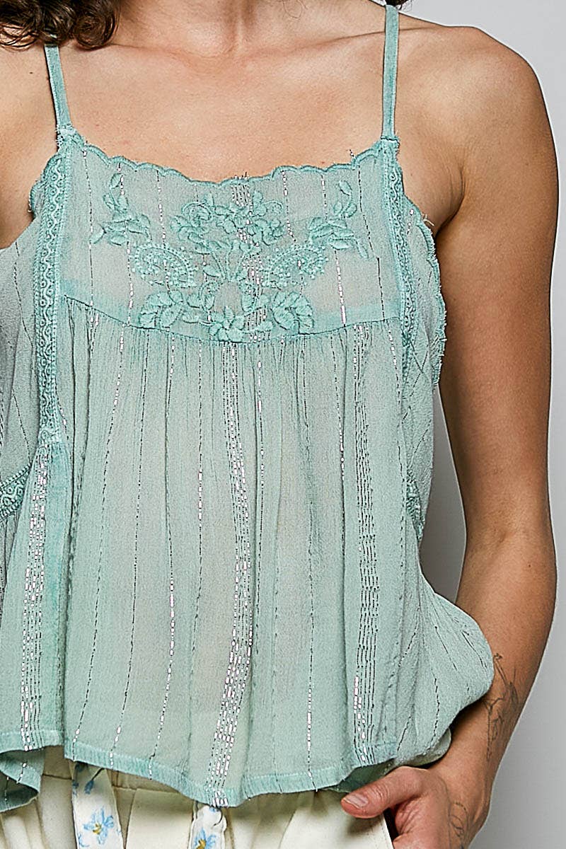 Spaghetti Strap Sheer Embroidered Scallop Trim Tank Top