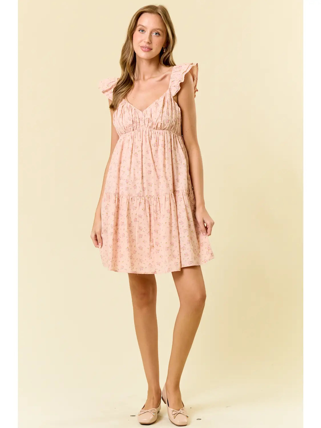 Cotton Floral Tiered Mini Dress W/ Side Pockets