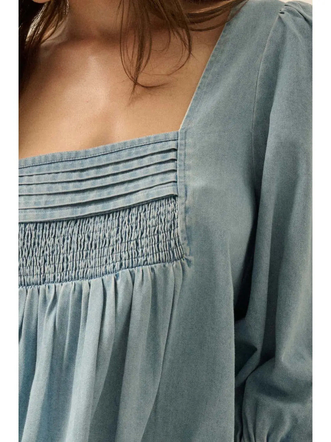 Denim Square-Neck Long-Sleeve Babydoll Mini Dress