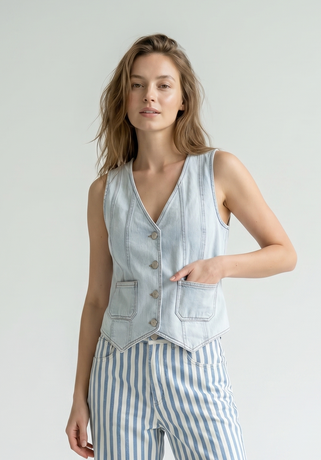 Fitted V-Neck Button-Front Denim Vest
