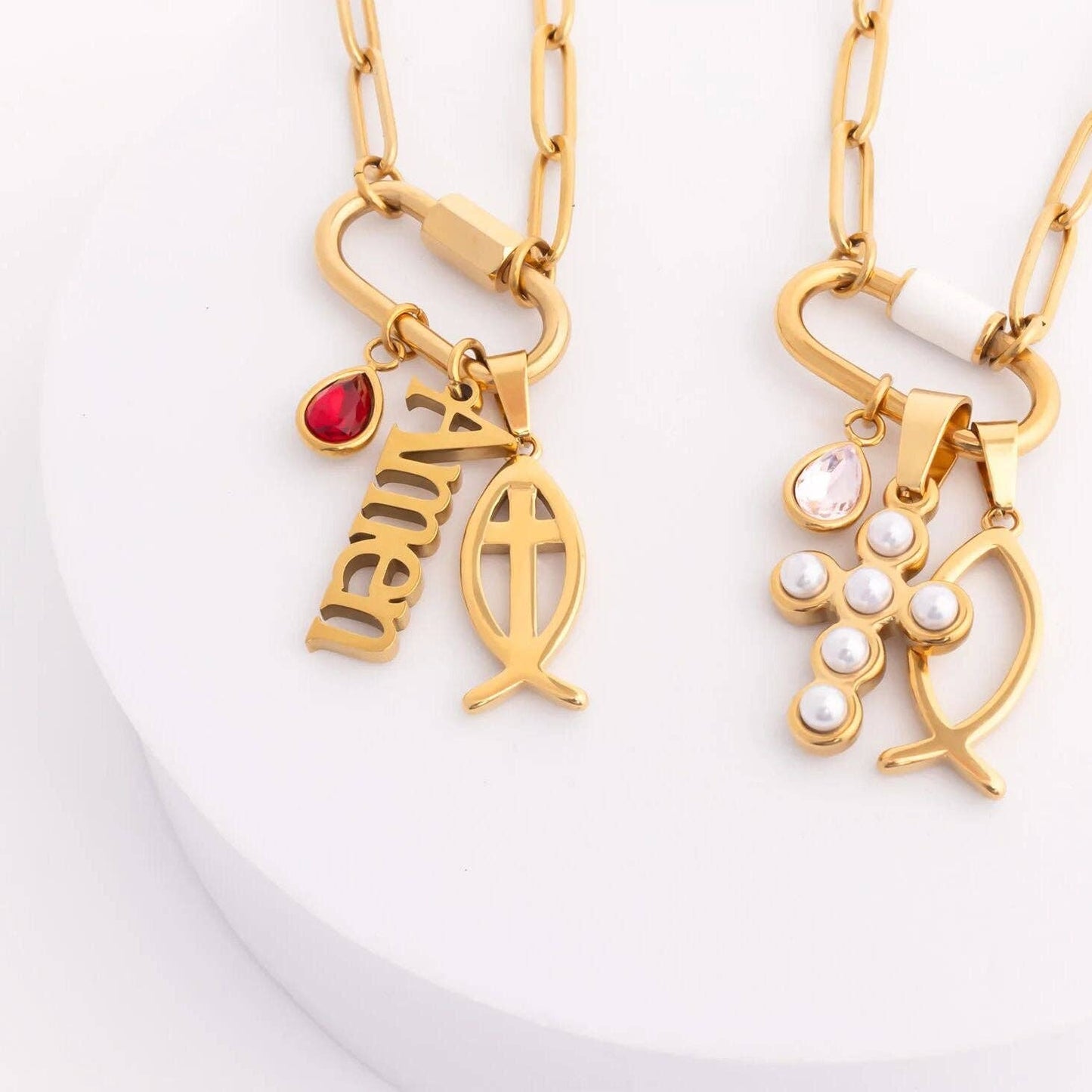 18K Gold PVD Stainless Steel Fish Charm with Cross Center
