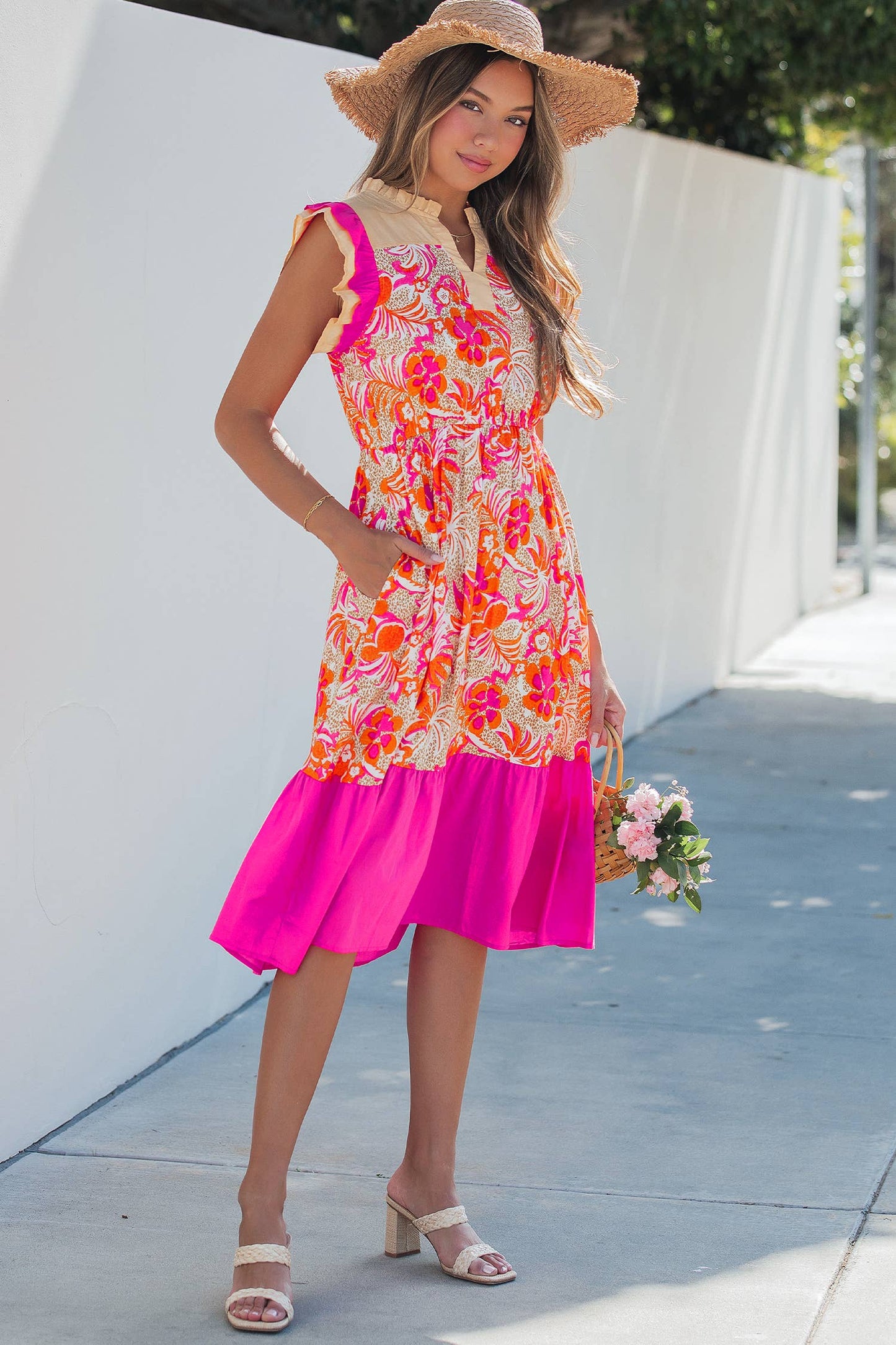 Floral Color Block Ruffled Short Sleeve Flared Midi Dress