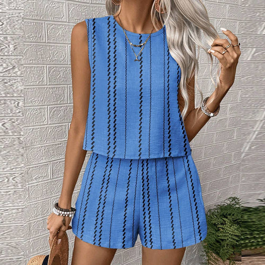 Striped Print Sleeveless Top Shorts Set Vest 2-Piece Set
