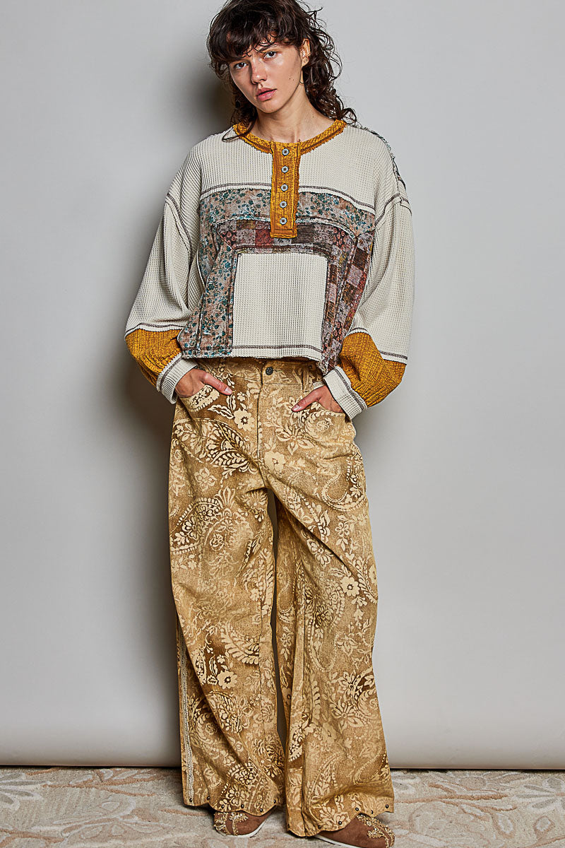 Thermal Knit Floral Patchwork Button Top