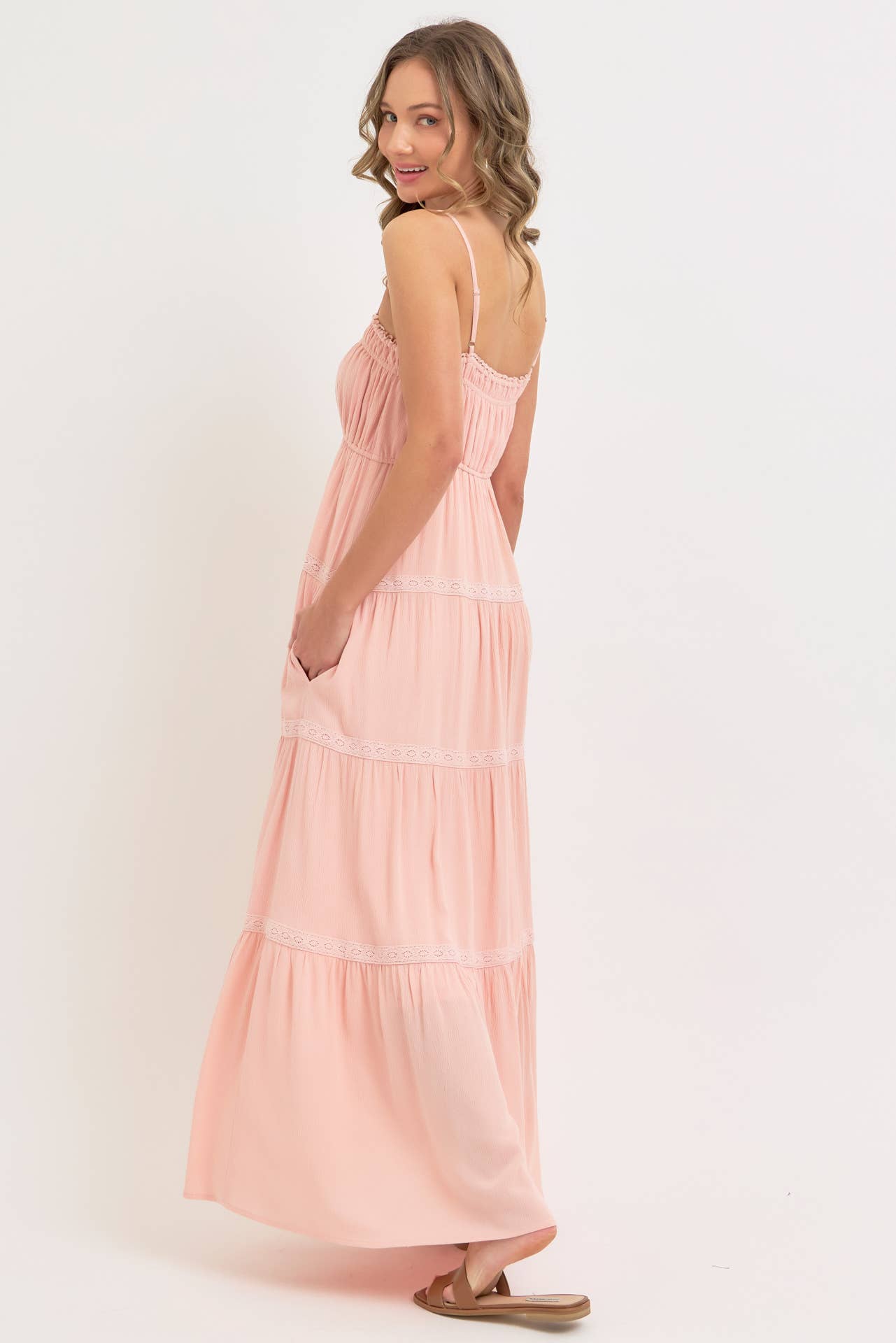 SMOCKED BRODICE TIERED MAXI DRESS: BLUSH / Contemporary