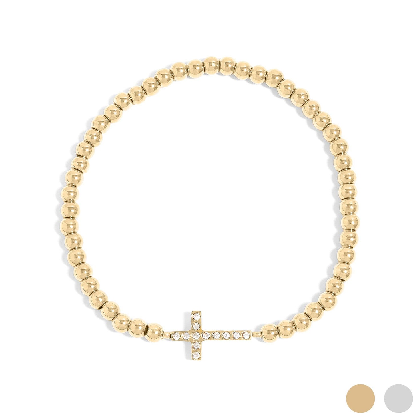 18K Gold PVD CZ Cross Beaded Stretch Bracelet: