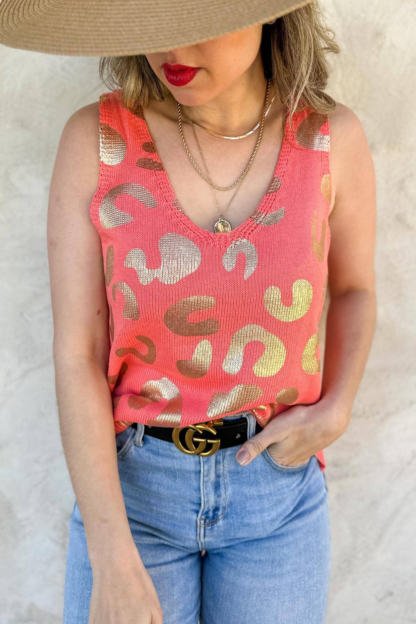 Metallic Gold Leopard Knit Tank – Lightweight Statement Top