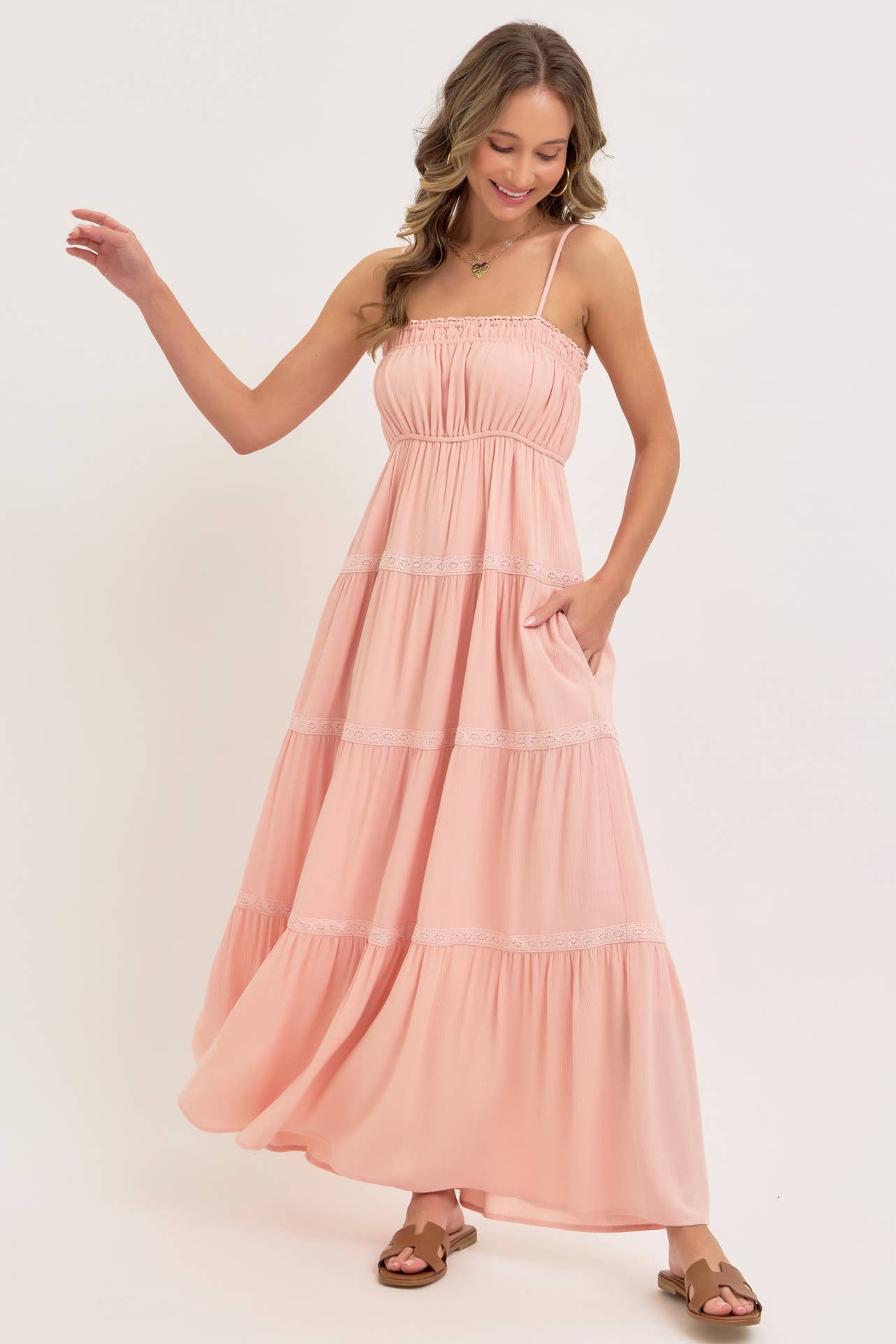 SMOCKED BRODICE TIERED MAXI DRESS: BLUSH / Contemporary