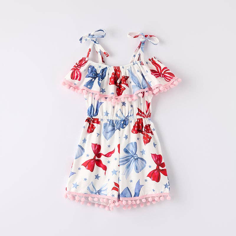 Girls Summer July 4th Red Blue Bow Jumpsuit