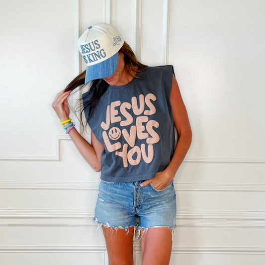 Smiley Jesus Loves You Puff Tank: Black