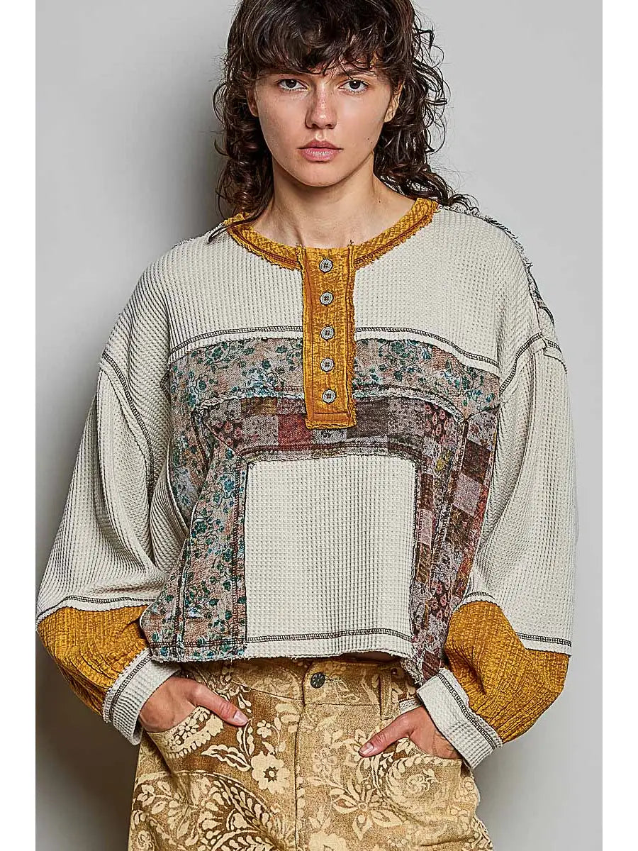 Thermal Knit Floral Patchwork Button Top