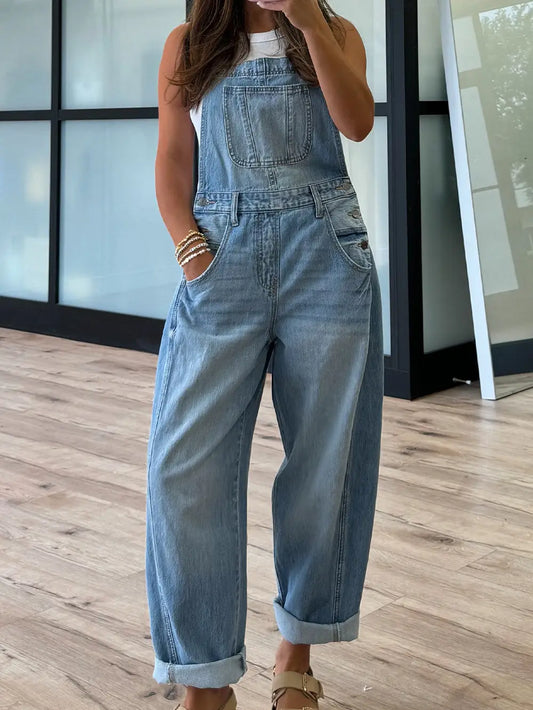 Adjustable Buckle Barrel Denim Overalls