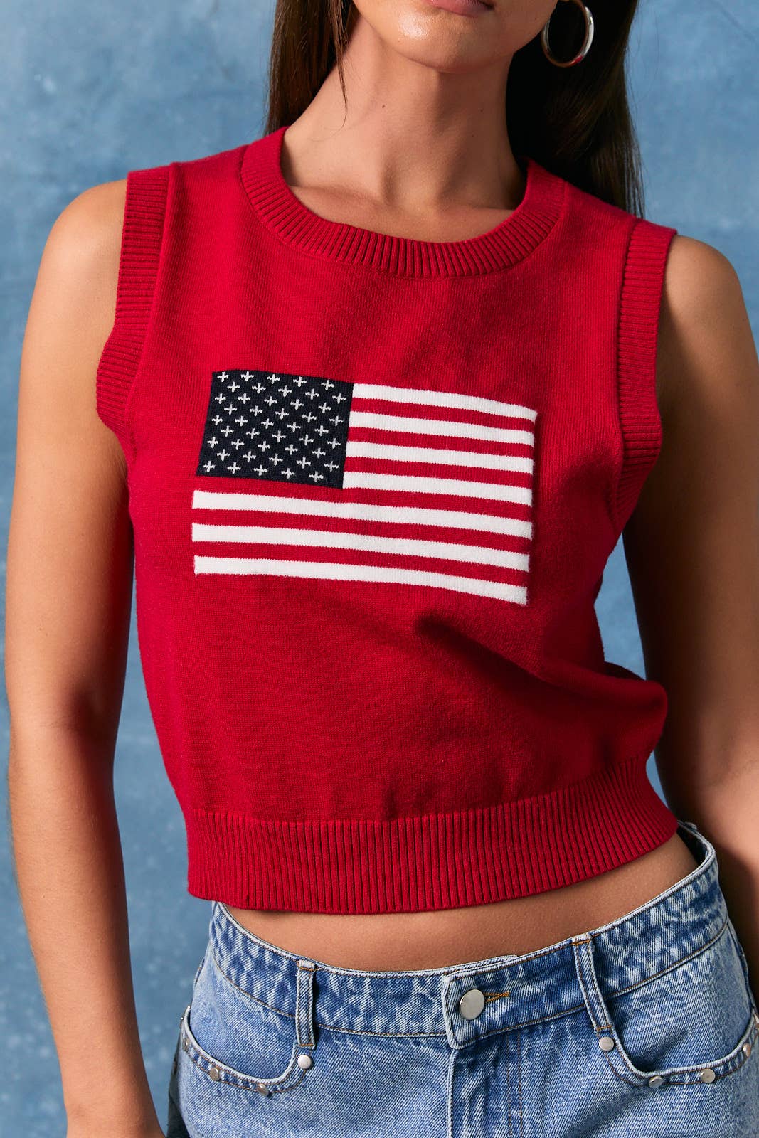 Sleeveless Crew Neck Flag Sweater Crop Top