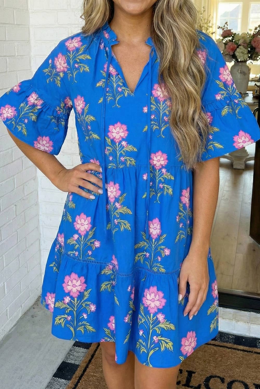 V Neck Short Sleeve Loose Flower Dress