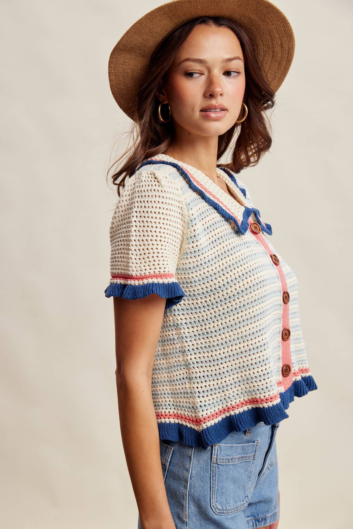 Ruffle Trim Crochet Knit Cardigan