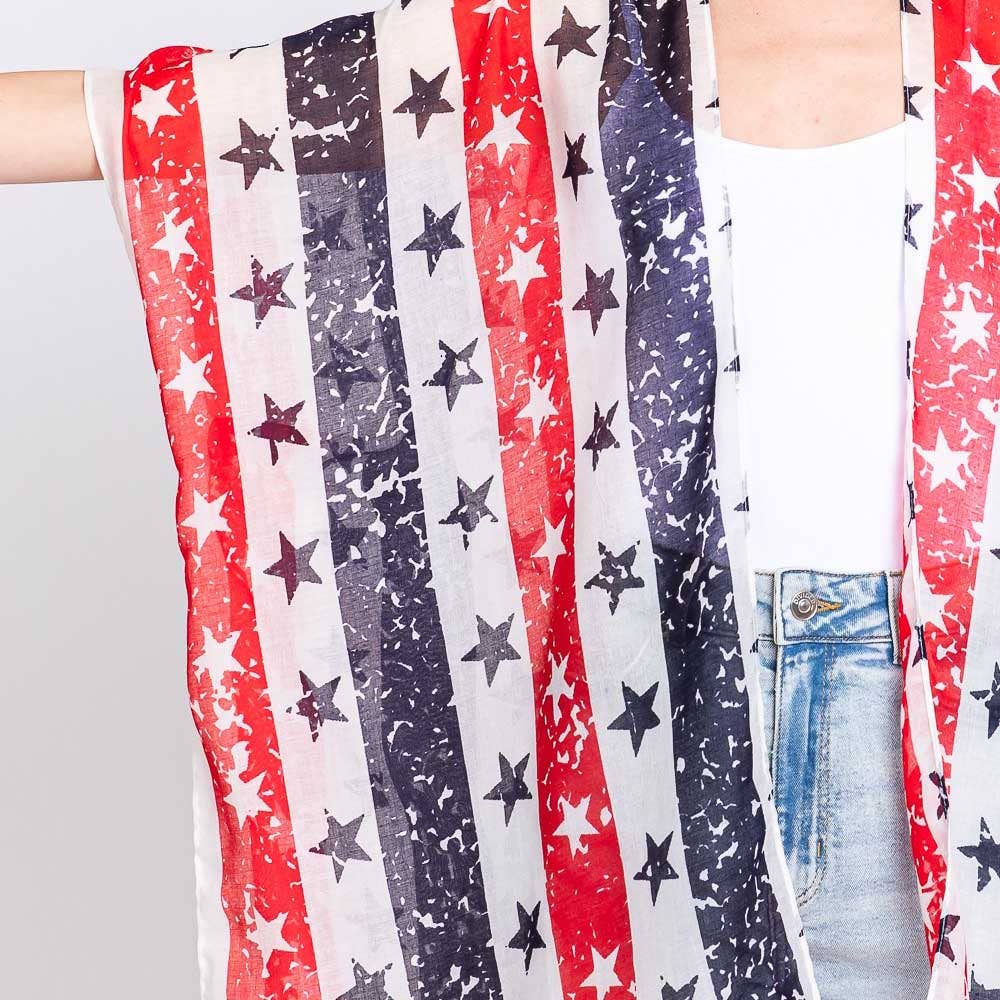 American USA Flag Star Print Kimono Poncho