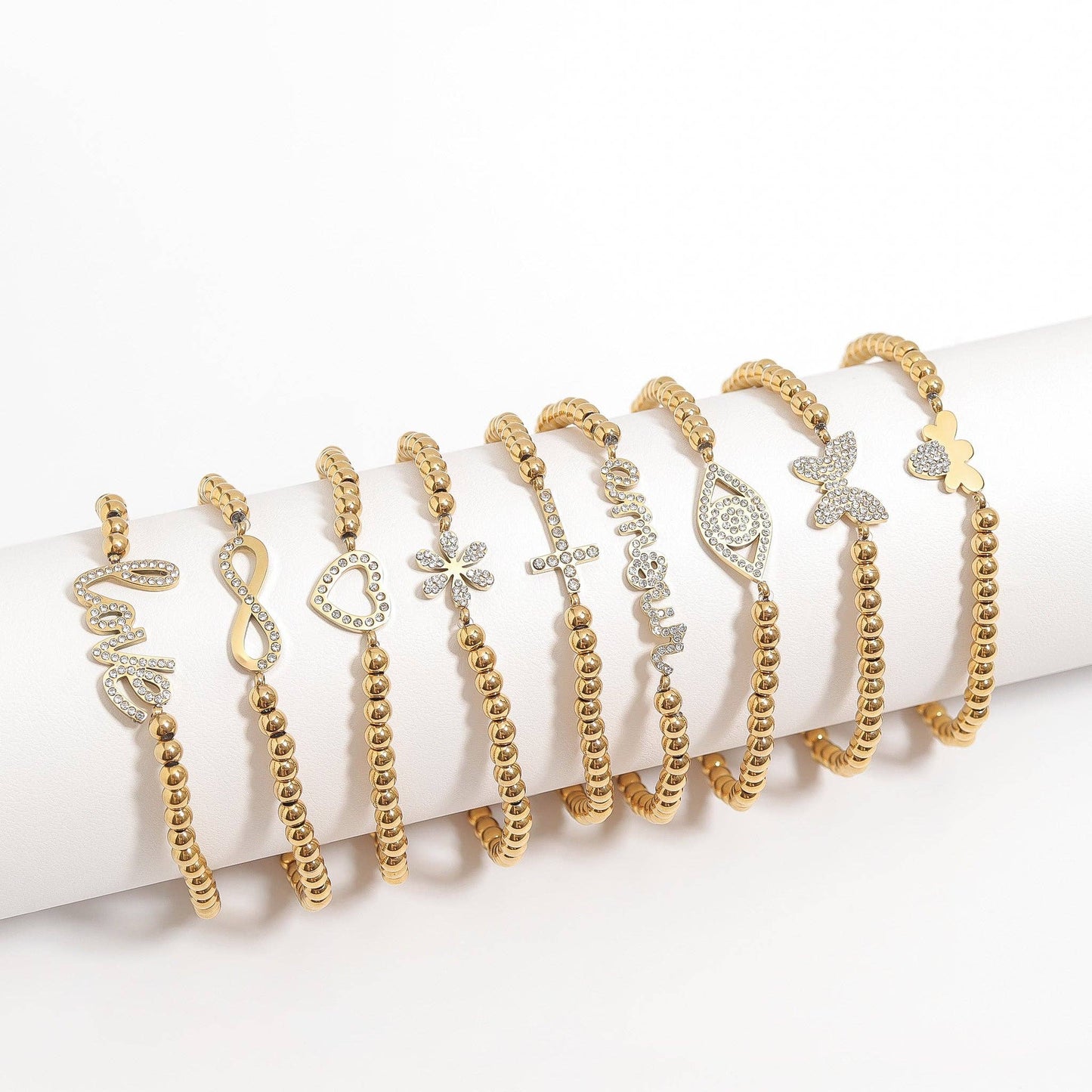 18K Gold PVD CZ Cross Beaded Stretch Bracelet: