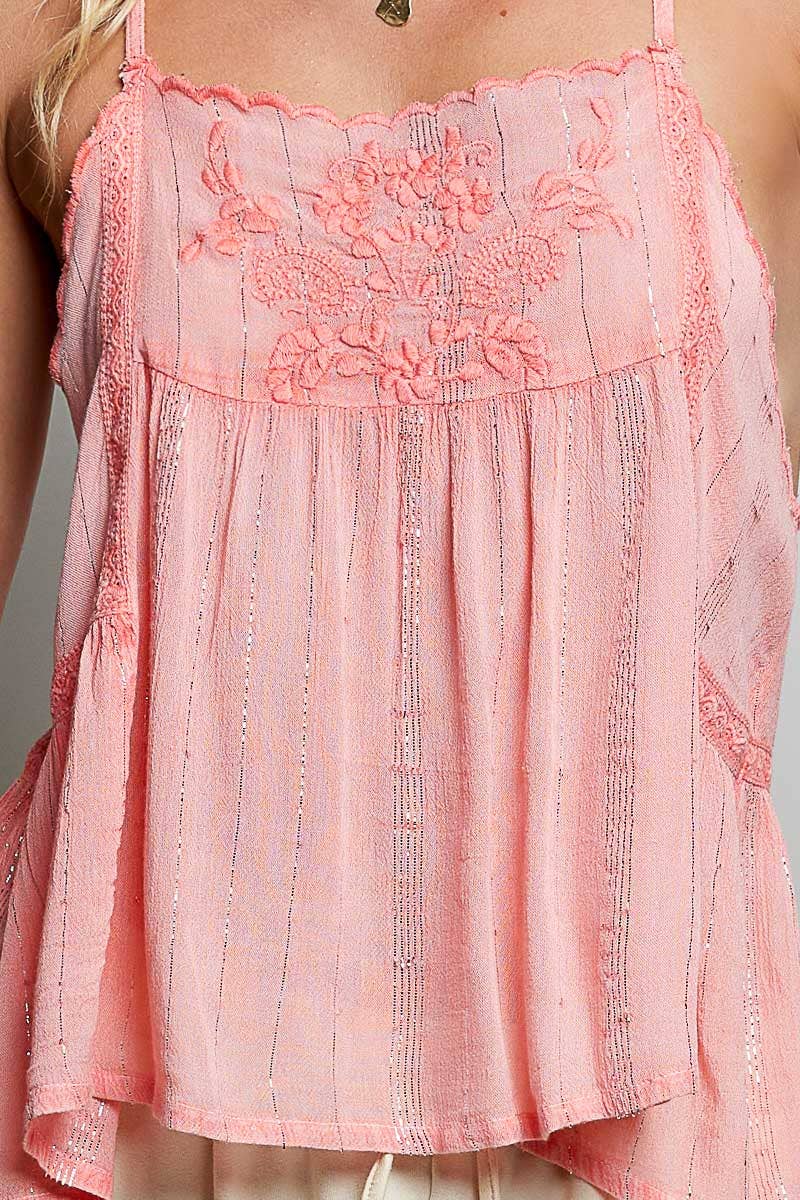 Spaghetti Strap Sheer Embroidered Scallop Trim Tank Top