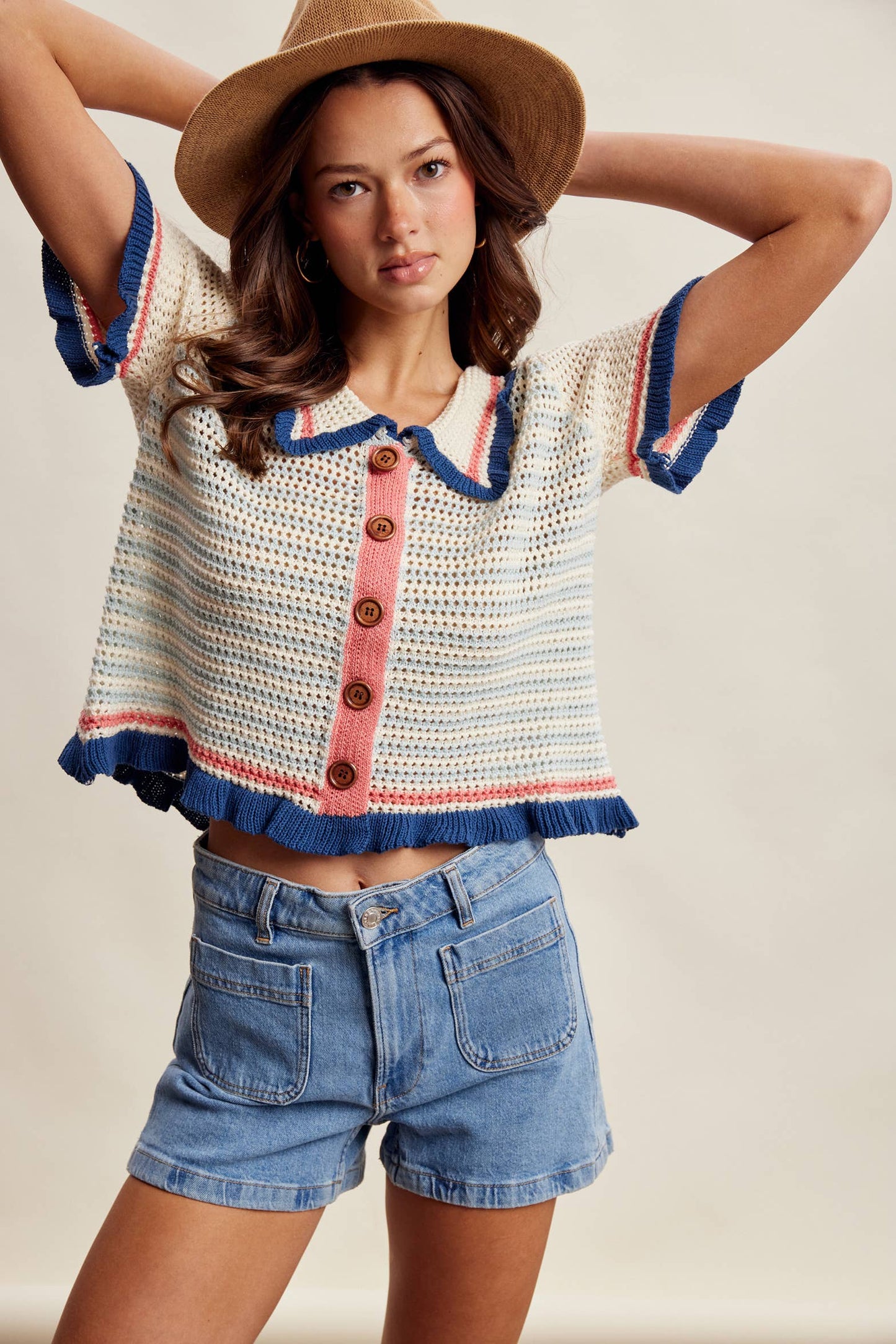 Ruffle Trim Crochet Knit Cardigan