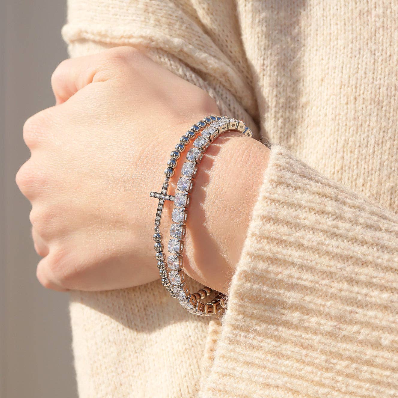 18K Gold PVD CZ Cross Beaded Stretch Bracelet: