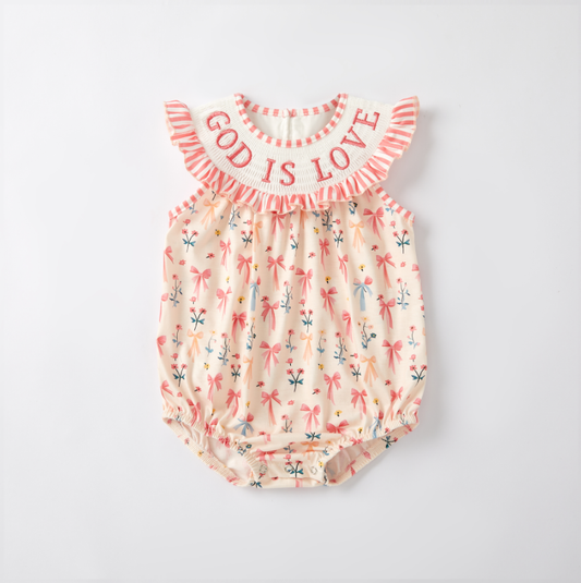 Baby Girls "GOD IS LOVE" Embroidered Smocking Romper