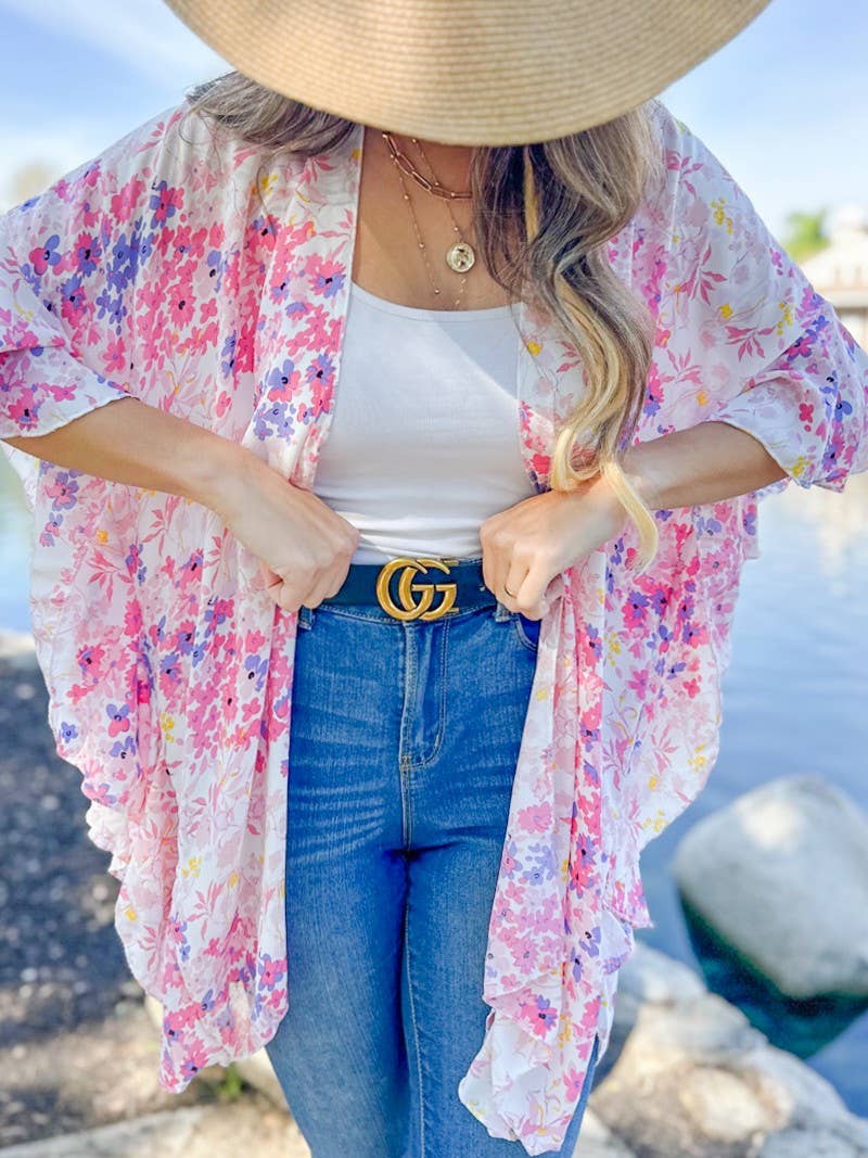 Floral Chiffon Ruffle Kimono – Lightweight Summer Layer: One Size