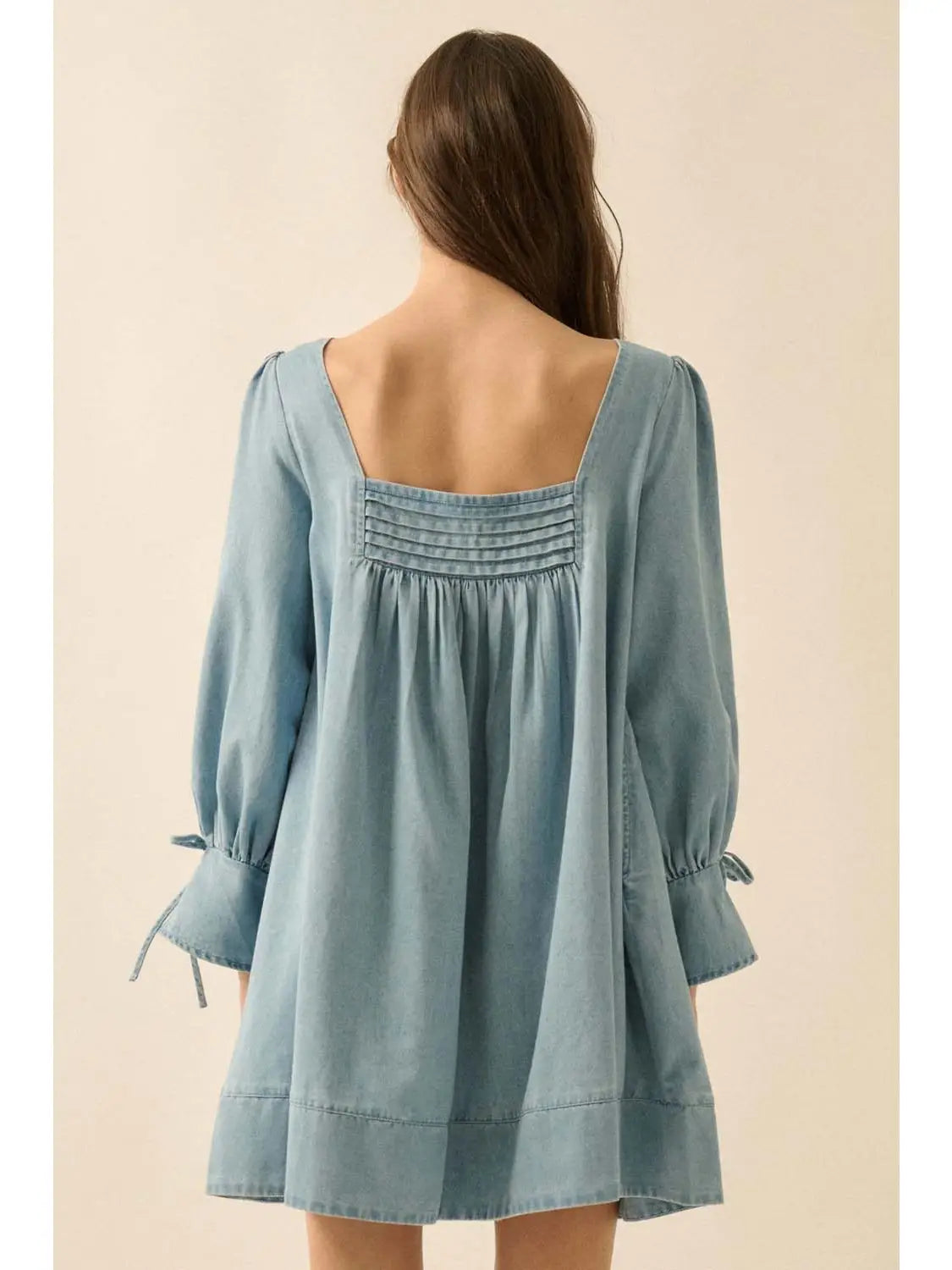 Denim Square-Neck Long-Sleeve Babydoll Mini Dress