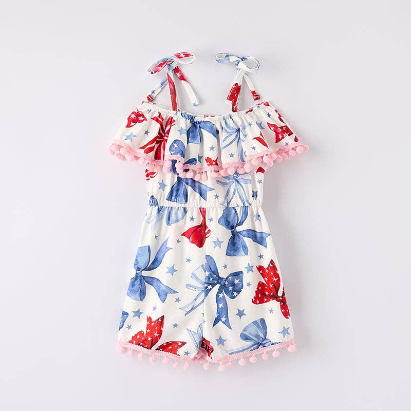 Girls Summer July 4th Red Blue Bow Jumpsuit