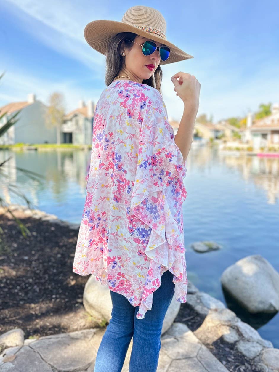 Floral Chiffon Ruffle Kimono – Lightweight Summer Layer: One Size