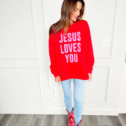 Puff Jesus Loves You Youth & Adult Sweatshirt: Red